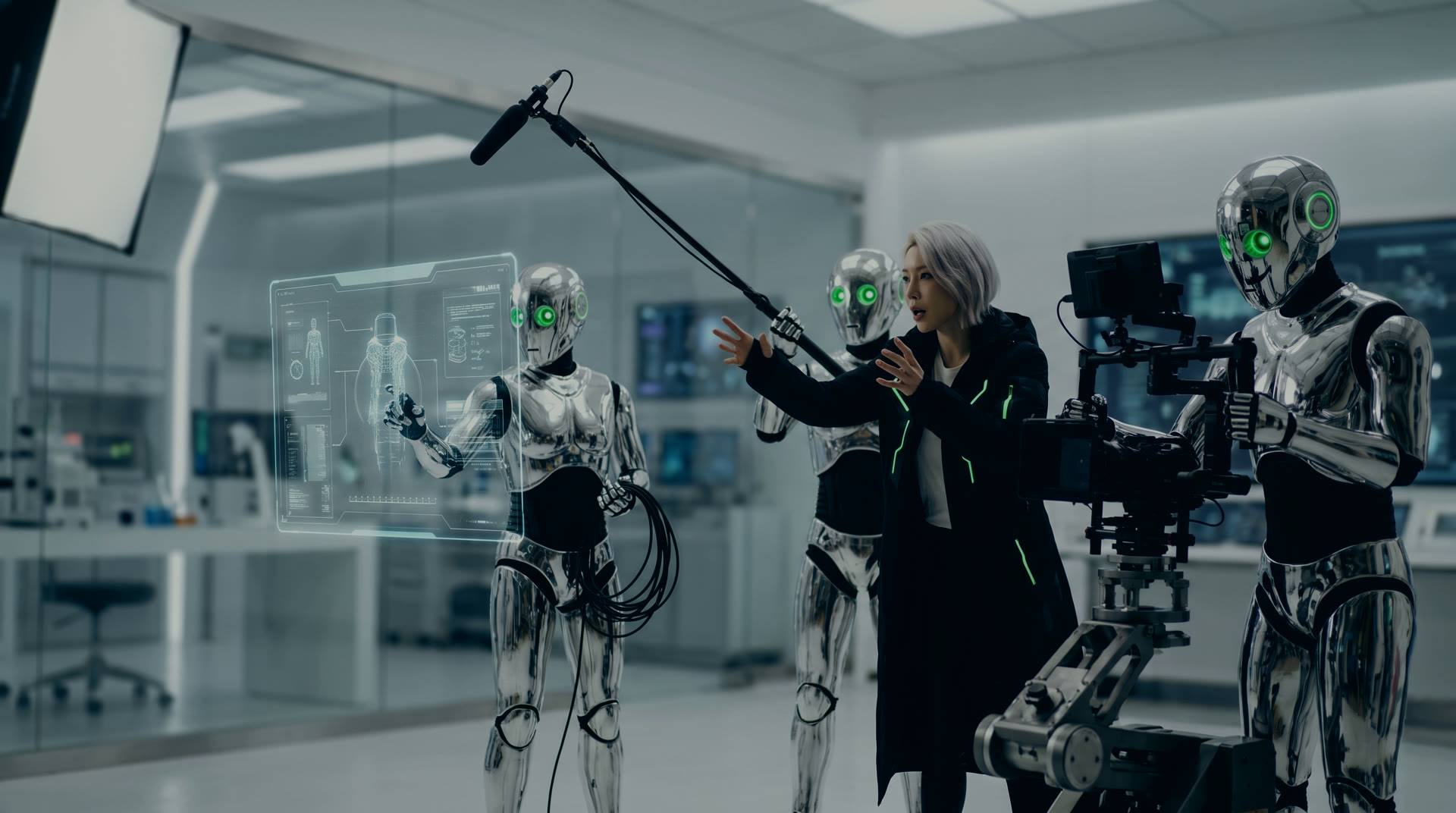 ผู้กำกับสั่งงานทีมงานหุ่นยนต์ในสตูดิโอ — All-In AI Labs AI Production