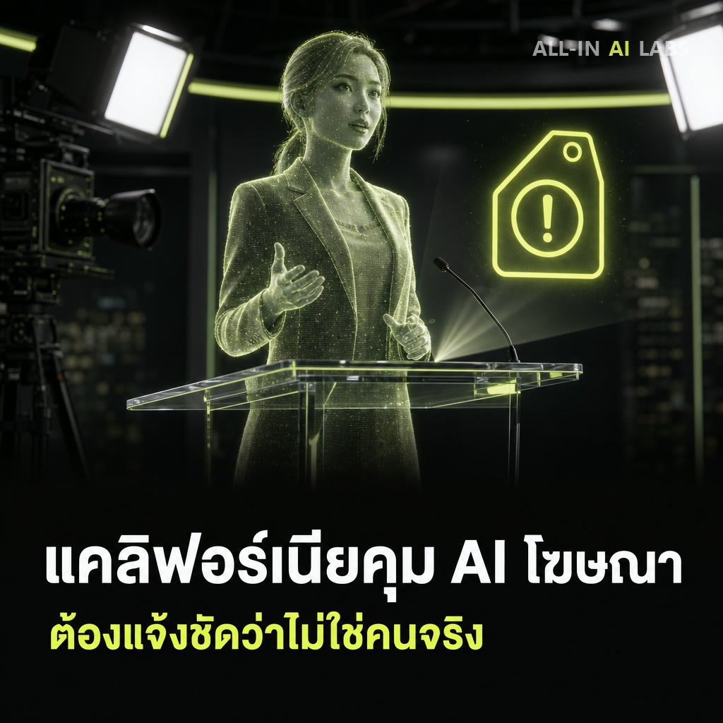 Poster ข่าวแคลิฟอร์เนียออกกฎหมาย SB 1050 บังคับแจ้งนักแสดง AI ในโฆษณา