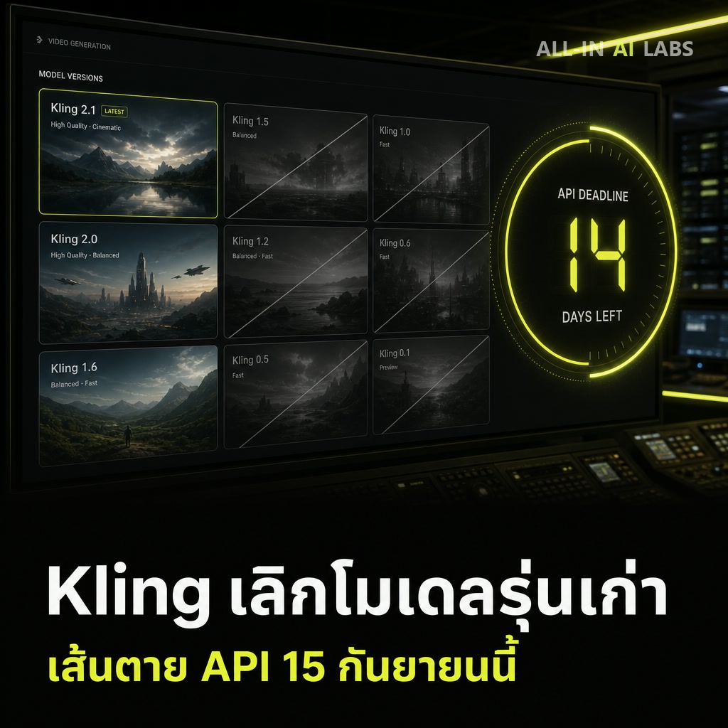 Poster ข่าว Kling ปลดระวางโมเดลวิดีโอรุ่นเก่า เส้นตาย API 15 กันยายน 2026