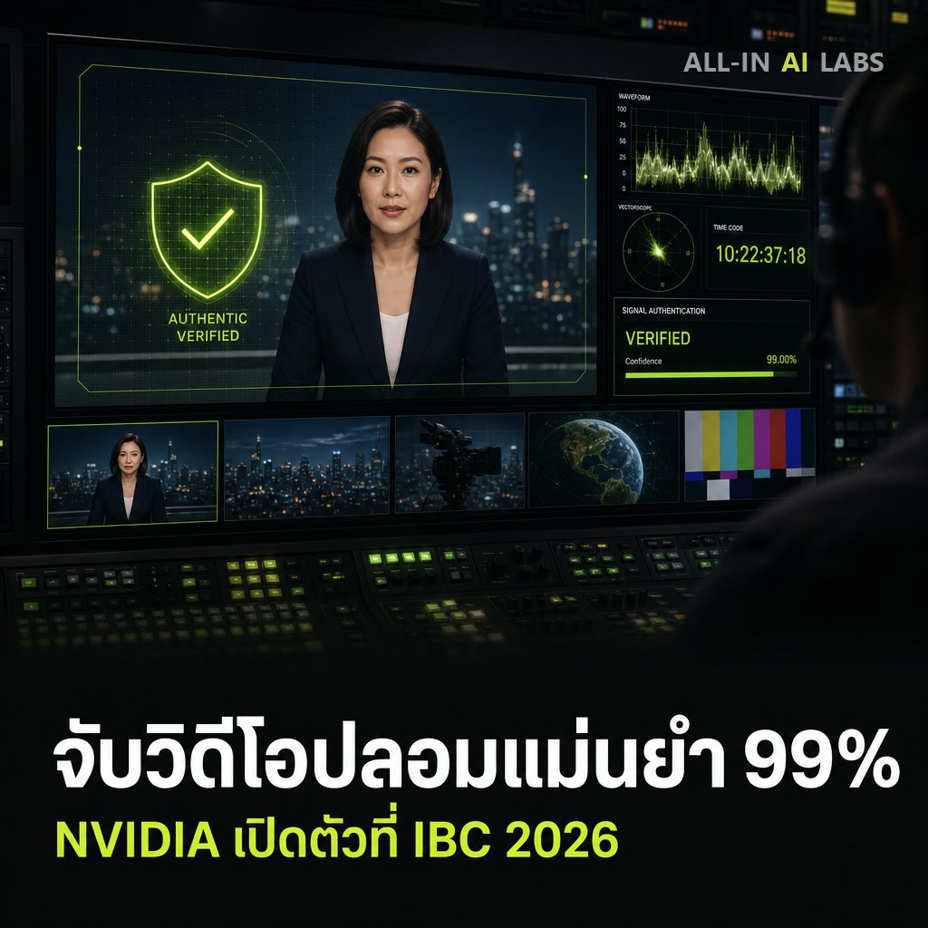 Poster ข่าว NVIDIA ขยาย AI for Media ที่งาน IBC 2026 เปิดตัวเครื่องมือจับวิดีโอปลอม