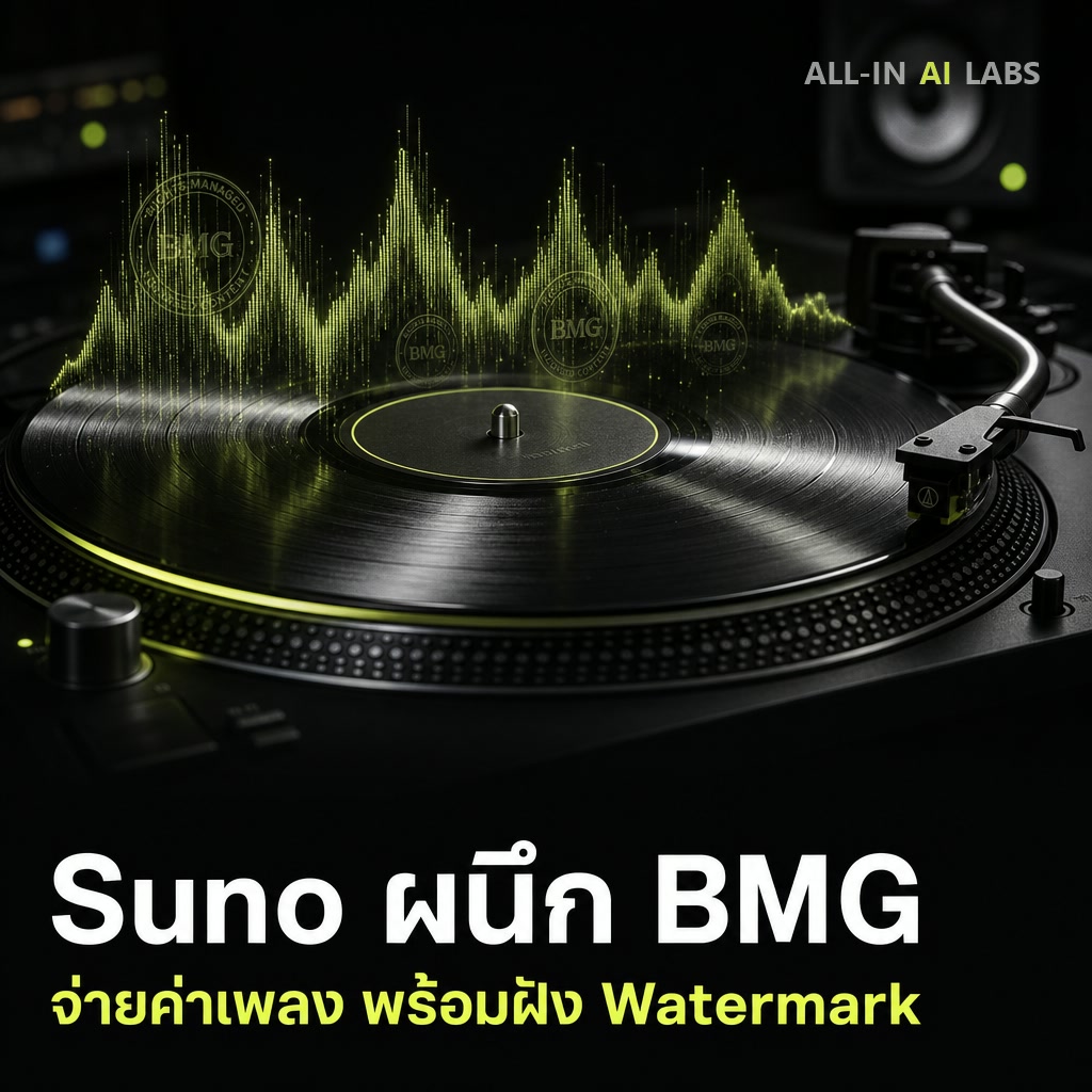 Poster ข่าว Suno เซ็นดีลไลเซนส์เพลงกับ BMG พร้อมฝัง watermark เสียง